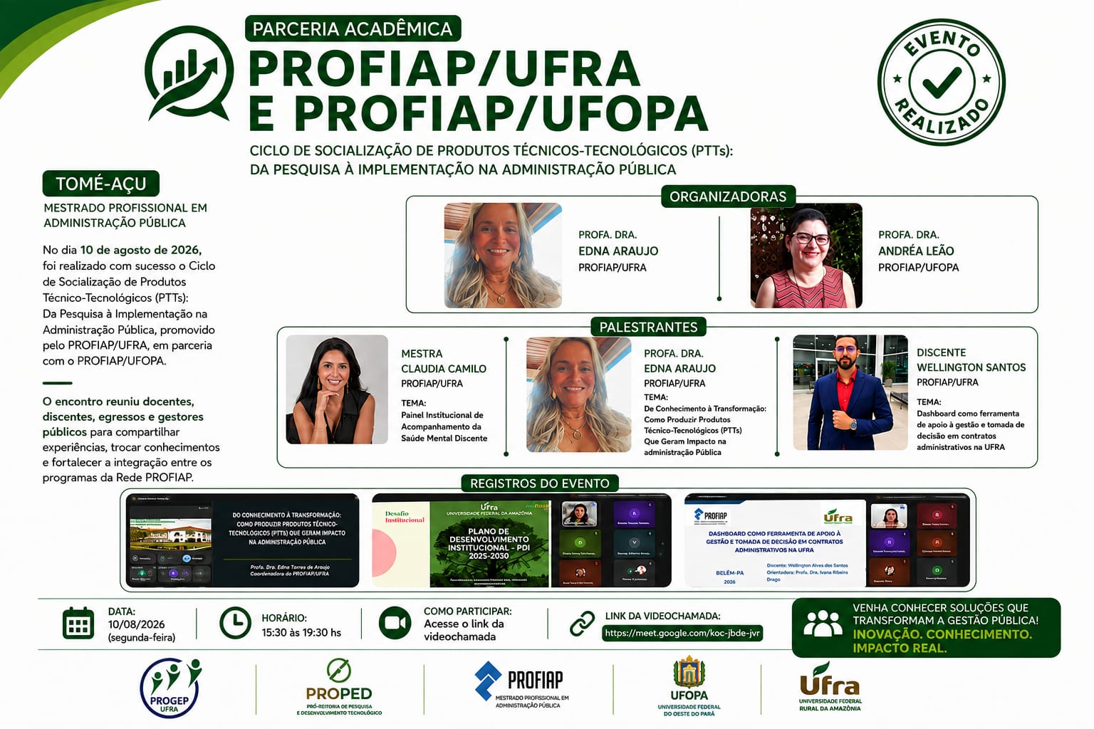 Parceria que transforma conhecimento em inovação! 💙  O PROFIAP/UFRA e o PROFIAP/UFOPA fortalecem a integração acadêmica e a gestão pública por meio da socialização de Produtos Técnico-Tecnológicos (PTTs). Conhecimento, inovação e impacto real!